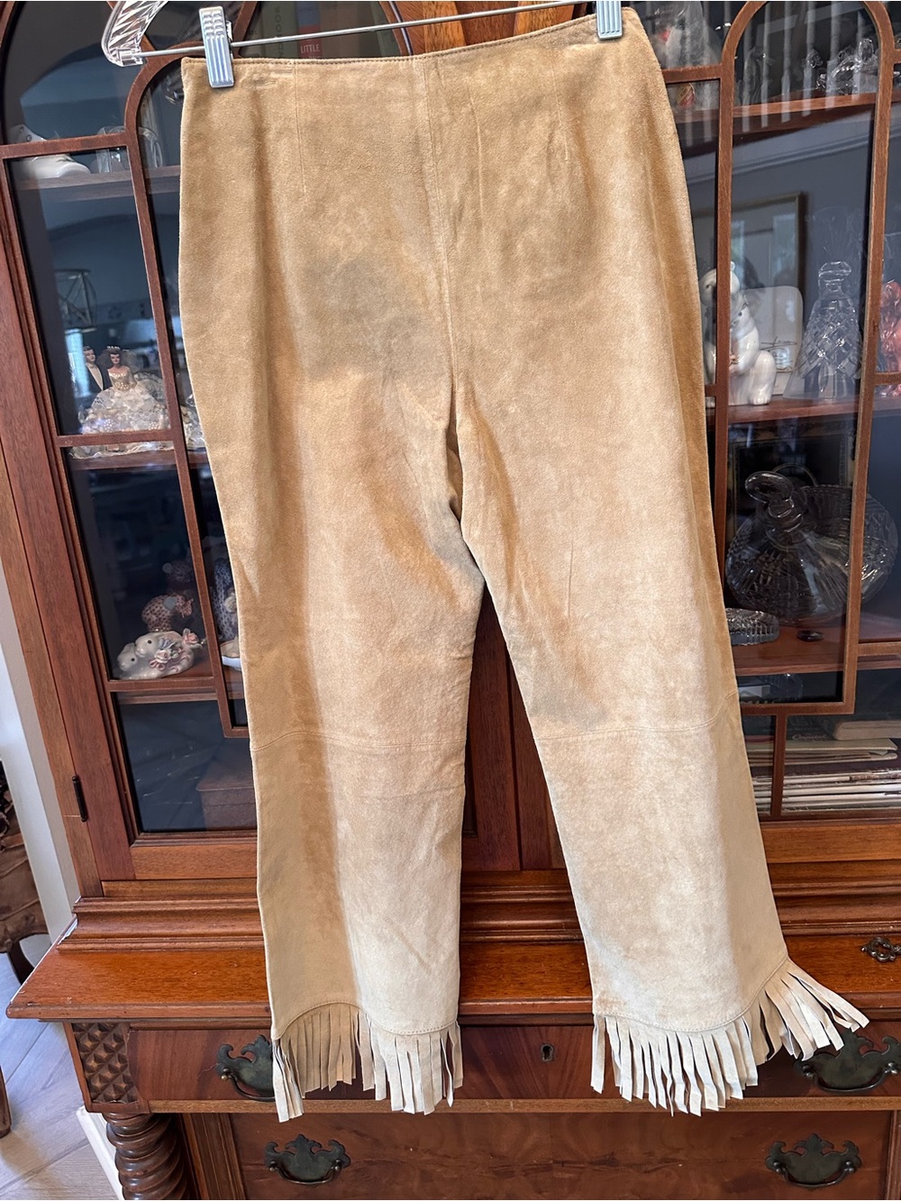 Lew Magram Fringe Hem Suede Pants in Camel